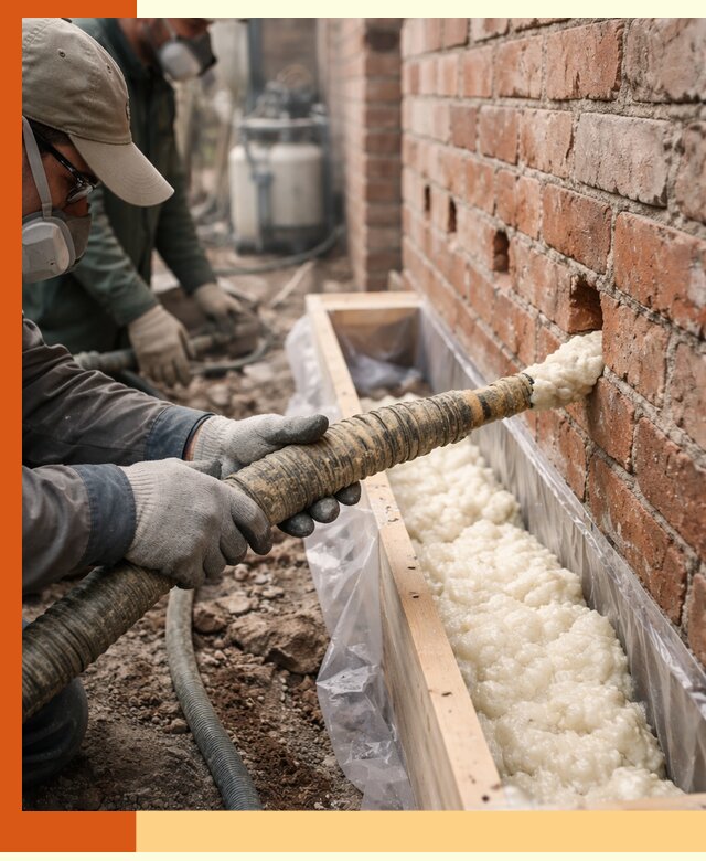 Заливка ППУ в пустоты кирпичной стены в Ишиме