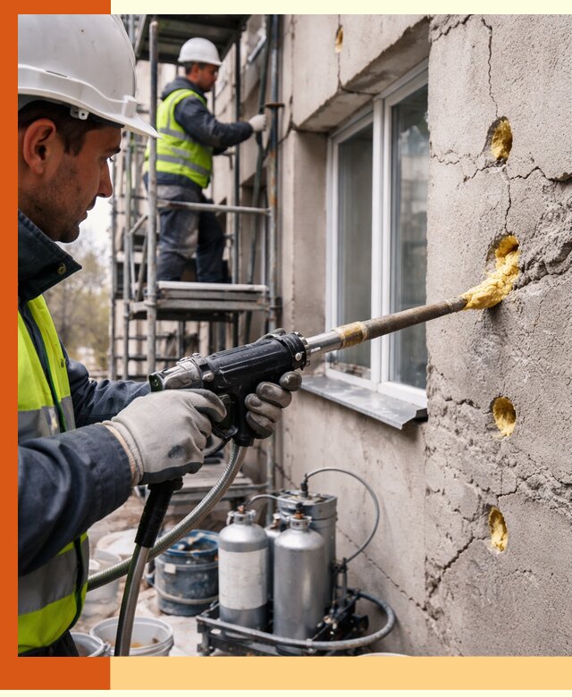 Заполнение пустот в фасаде и утепление стен в Ишиме